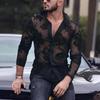 Heren kanten doorschijnend mesh lange mouwen party slim fit overhemd