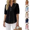 Women Short Sleeve Blouse Lightweight Button Front Summer Shirt Vertical Striped Casual Workwear Top with V Neck and Cuffed Sleeves