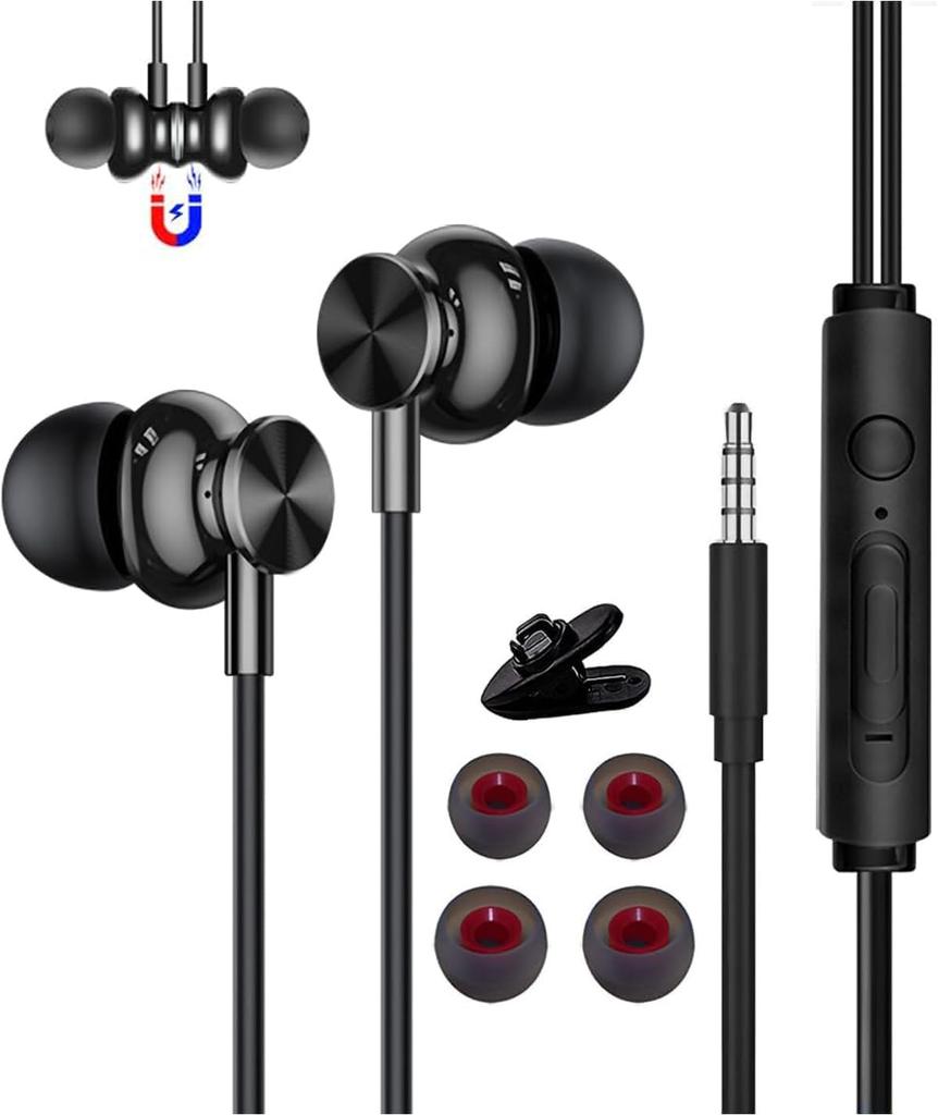 Wired Earphones, 2m Length, with Microphone, Magnetic Design, Noise Cancelling, Stereo Earphones, Extension Cable, In-Ear Headphones, Compatible with