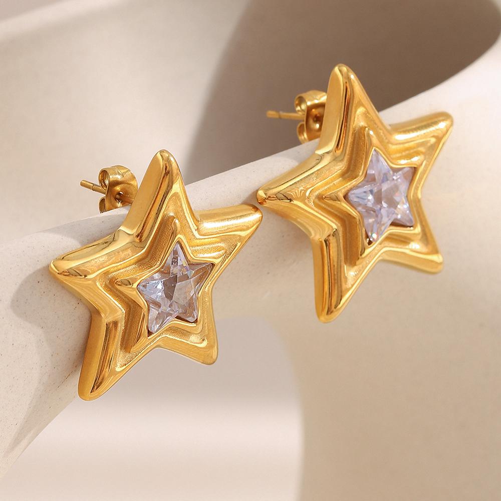 E.B.belle Women's Fashion Party Clear Zircon Star Stud Earrings 18K Gold Plated 316L Stainless Steel Statement Ear Jewelry