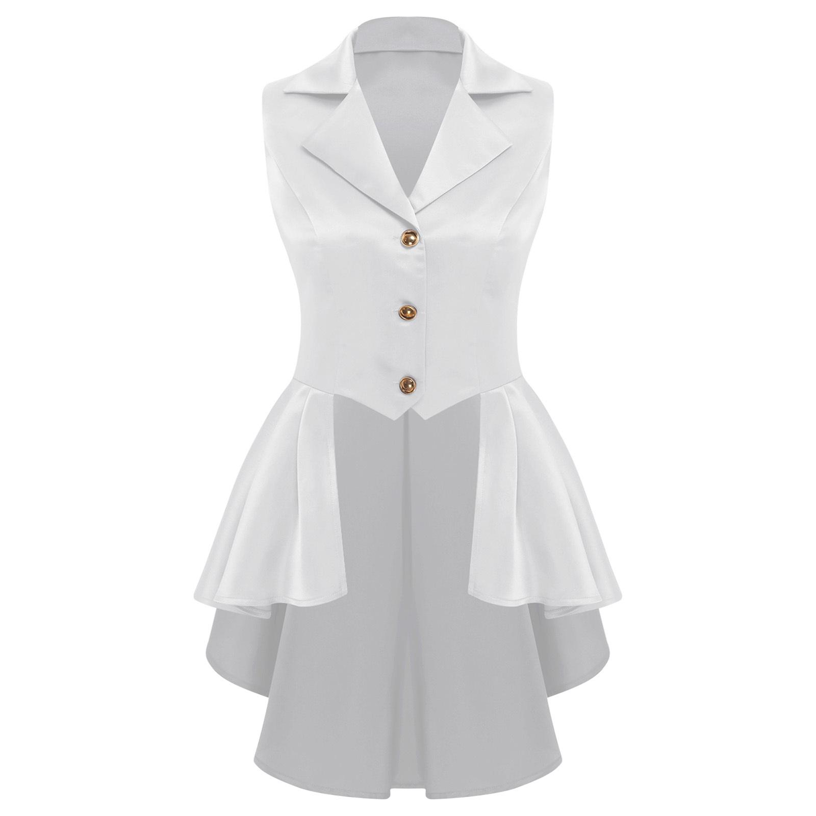 

Womens Victorian Style Waistcoat Turn Down Collar Sleeveless Design Front Buttons Asymmetric Ruffle Hem Jacket Top S білий