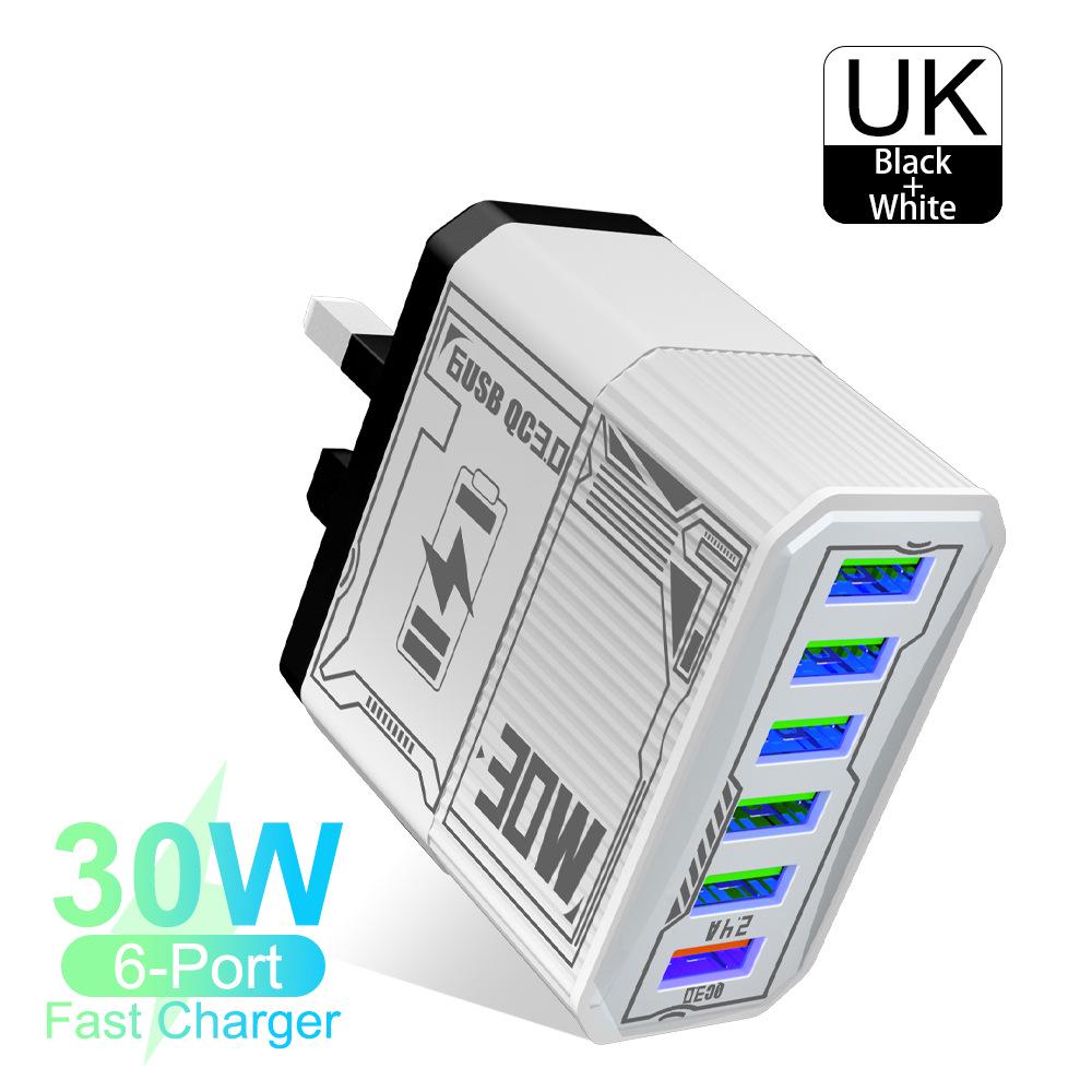 30W 6-Port USB QC3.0 Fast Charger Adapter - EU, US, UK, AU Plug
