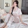 Sweet Wind Flower Ice Silk Women'S Thin Short-Sleeved Pajamas Lapel Trousers Set Cool Loungewear