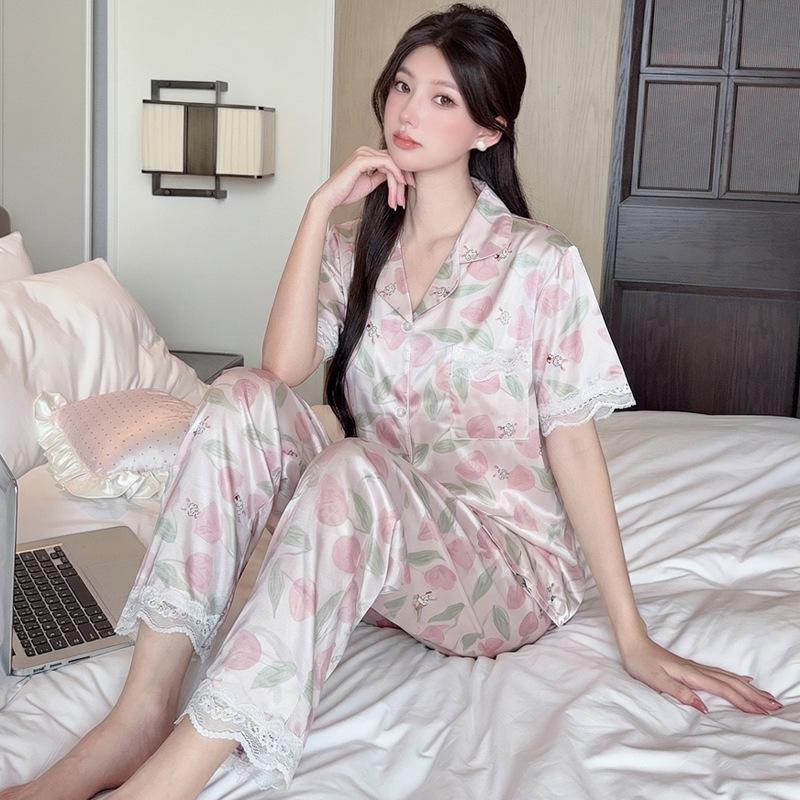 Sweet Wind Flower Ice Silk Women'S Thin Short-Sleeved Pajamas Lapel Trousers Set Cool Loungewear