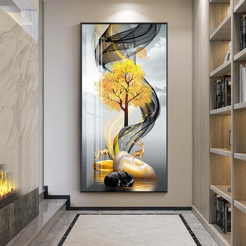 Modern Golden Rich Tree Canvas Painting Wall Art New Chinese Gold Deer Zen Stone Posters for Porch Wall Decoration Room Decor