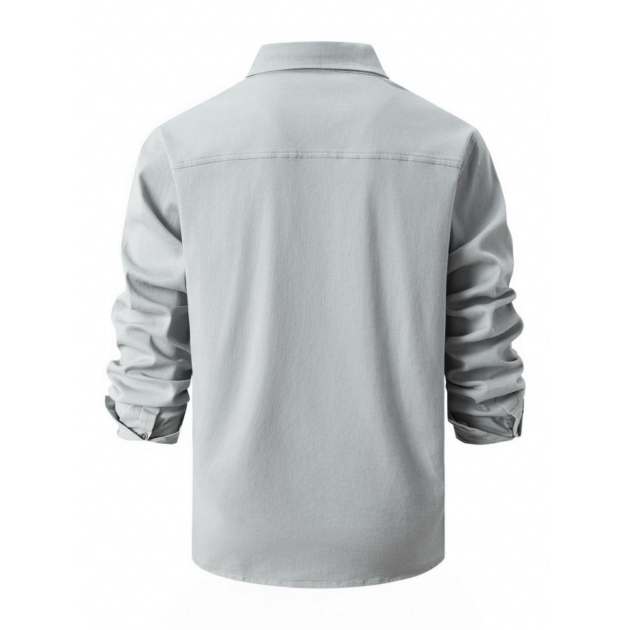 Autumn Winter European Size Lapel Pocket Buttons Shirt Men's Washed Elastic Pure Cotton Business Men Long Sleeve Shirts