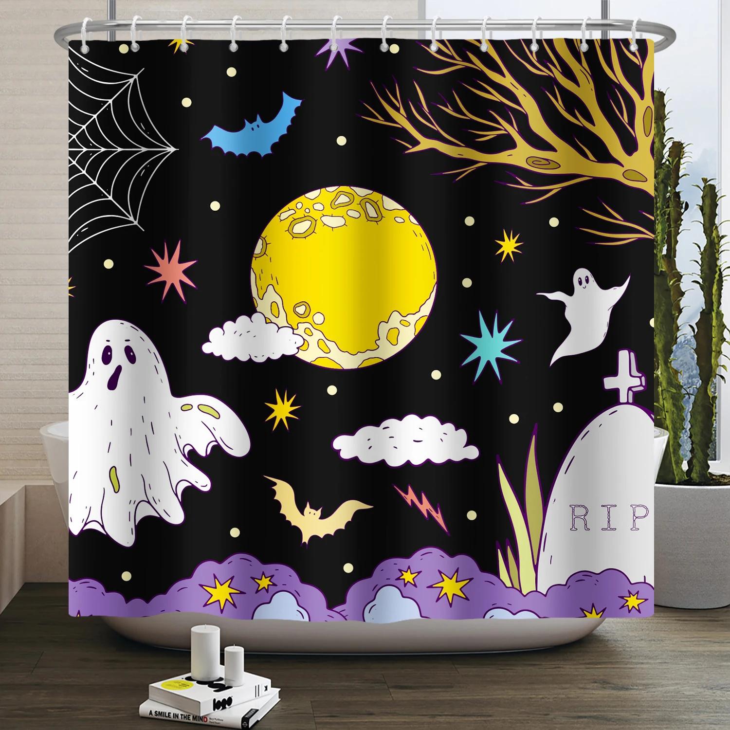 

Halloween Shower Curtain Funny Horror Pumpkin Bat Cartoon Cat Happy Halloween Bathroom Curtain for Kids Waterproof Bath Curtain W90xH180cm