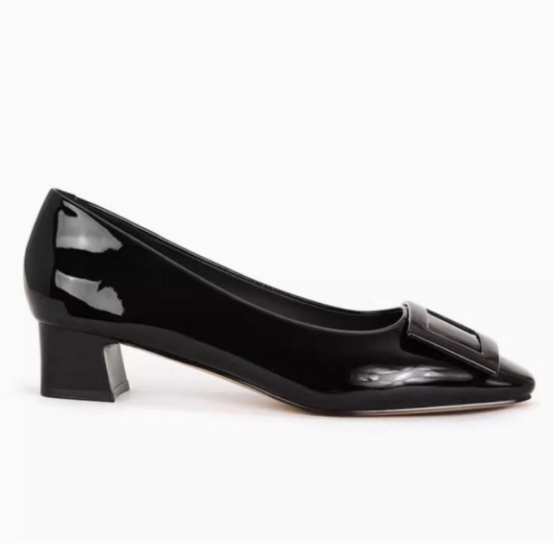 Sheepskin version~ genuine leather square head square buckle shallow mouth ol commuting thick heel single shoes women's high heels wedding shoes