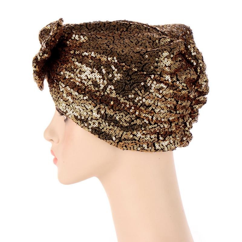 Turban Hat Bag Cap Bow Sequin Muslim Solid Color Hat