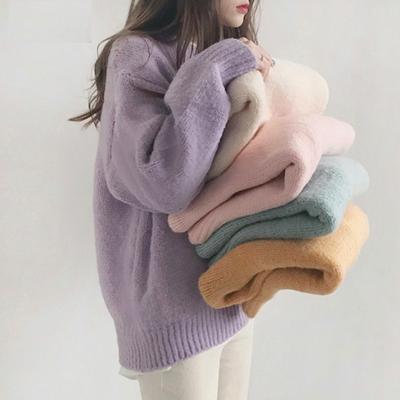 Outono e inverno mulheres pulôver suéter de malha solto gola redonda top novo engrossado manga comprida casual elegante suéteres cor sólida roupas básicas 2247