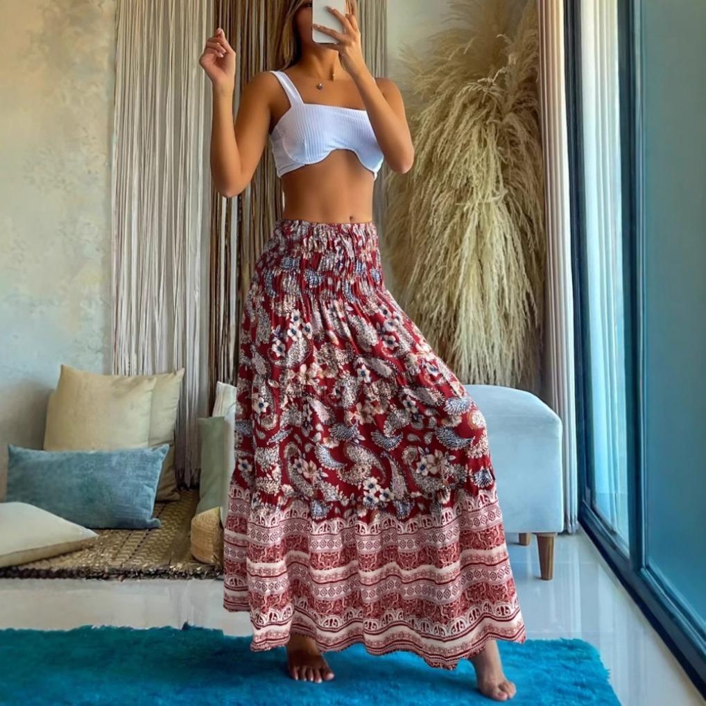 Womens Summer Boho Skirts Casual Maxi Flowy Elastic High Waist A-Line Tiered Swing Floral Long Skirts with Pockets