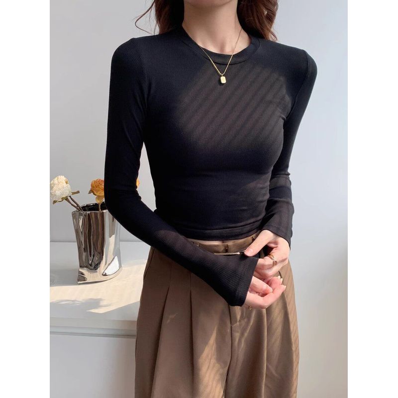 

Spring and Autumn Ribbed Slim-Fit Women s Long-Sleeve High-Elastic Regular Shoulder T-Shirt, Tight-Fitting Base Layer Top for Women Black M