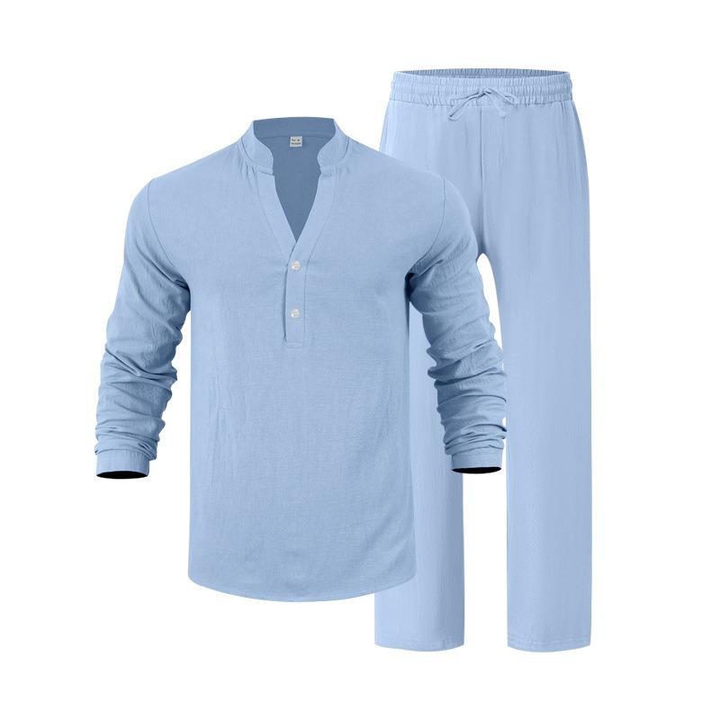 Men Loose Casual Breathable V Neck Long Sleeve Henley Shirt And Long Pants Set