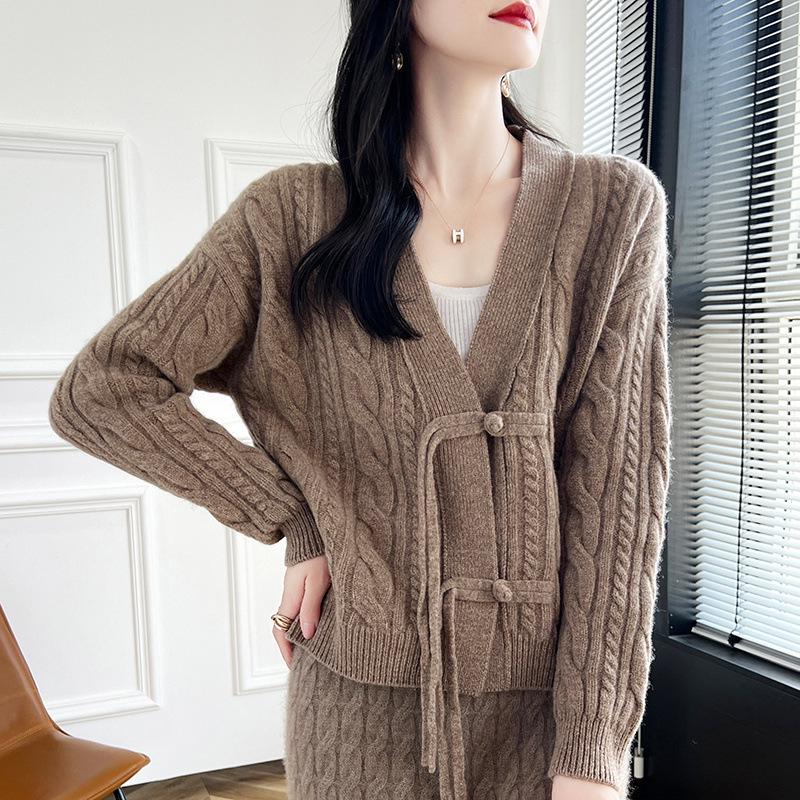 Autumn Women's V-neck Frog Button Wool Cardigan - Chinese Style Knitwear Jacket