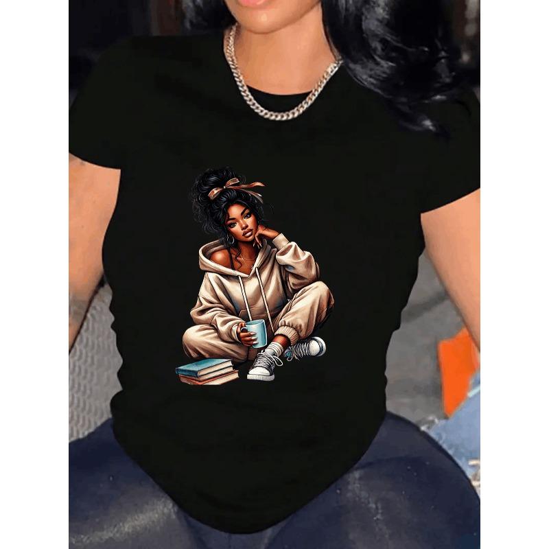 

European size Graphic Print girl T-Shirt For Women Casual Short Sleeve Tee 1 Pcs - Comfortable Crew Neck, Soft Adorable Tees Tops 4XL чорний