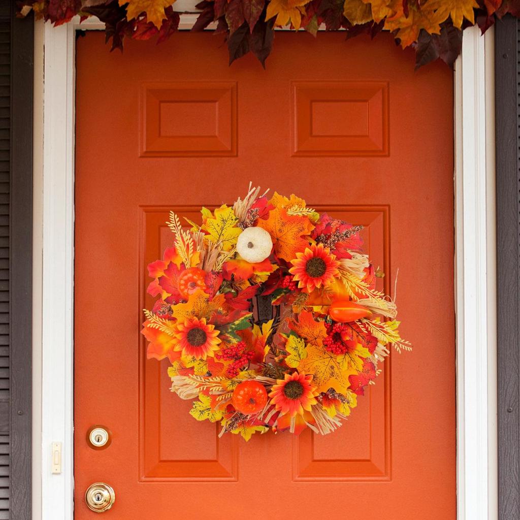 Autumn Harvest Wreath with Pumpkins & Maple Leaves