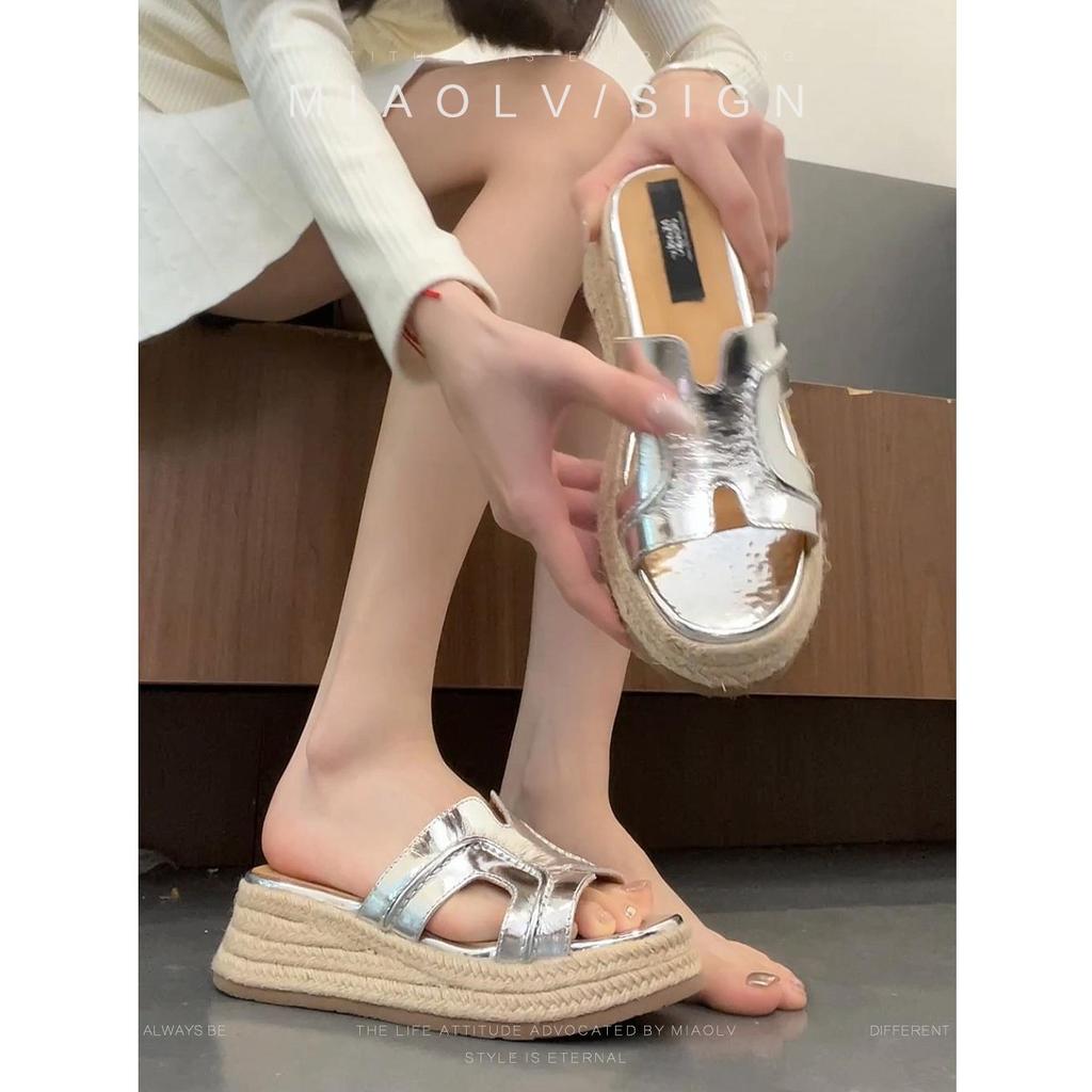 2025 summer new casual outer wear women's slippers soft leather French niche apricot one pedal low heel one-word drag