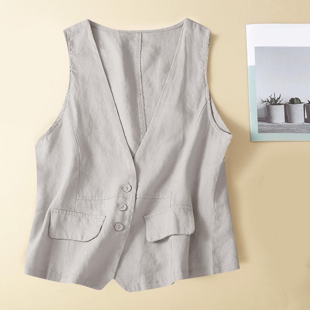 Vintage Vest Summer Deep V-Neck Solid Casual Sleeveless Tank Tops Cotton Linen Thin Outerwear Vest Coat