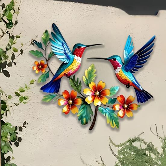 Hummingbird Bloom Metal Wall Art, Rustic Colorful Floral Bird Wall Hanging Decor for Living Room, Bedroom, Entryway, Garden, Patio
