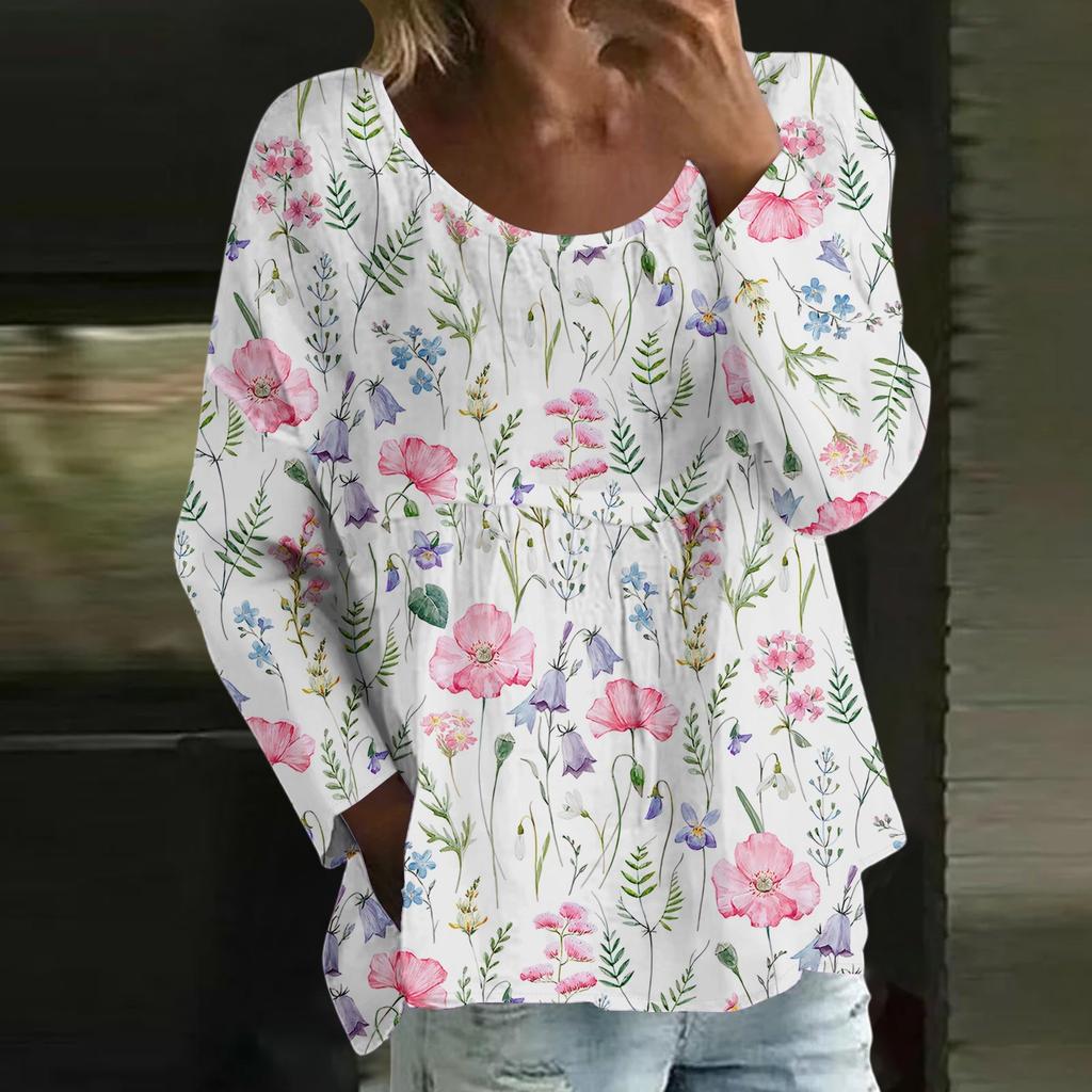 Women's Casual Fashion Loose Round Neck Floral Print Long Sleeve Top