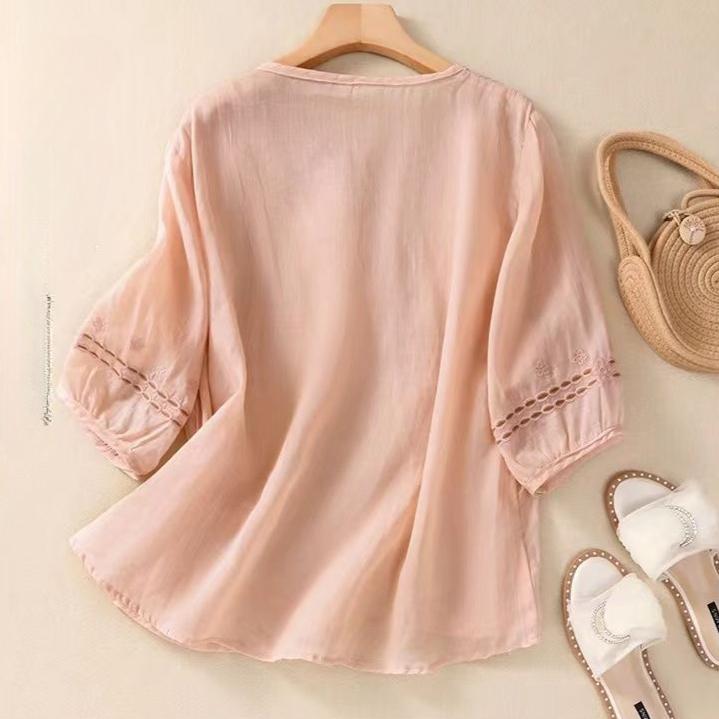 New Literary and Retro Embroidered Shirt Summer Half-sleeve Thin Loose and Versatile Pullover Top