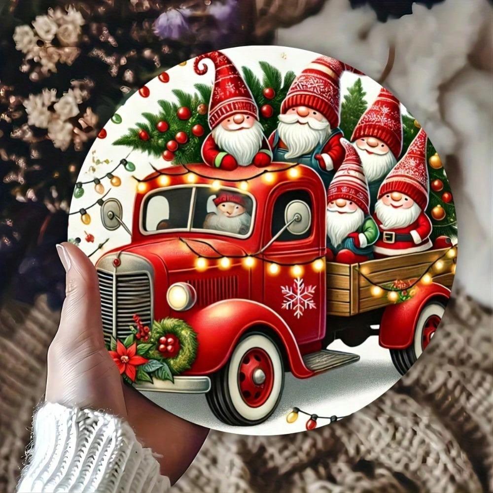 Santa Sleigh Round Metal Tin Sign Vintage Christmas Wall Decor for Home