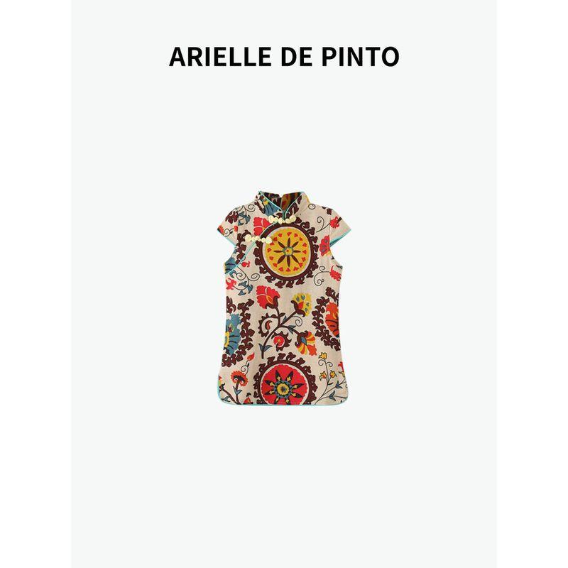 French Arielle De Pinto Gentle Itself ~ Girls Cheongsam Summer Kids Chinese Style Vintage Skirt Light brown 120cm