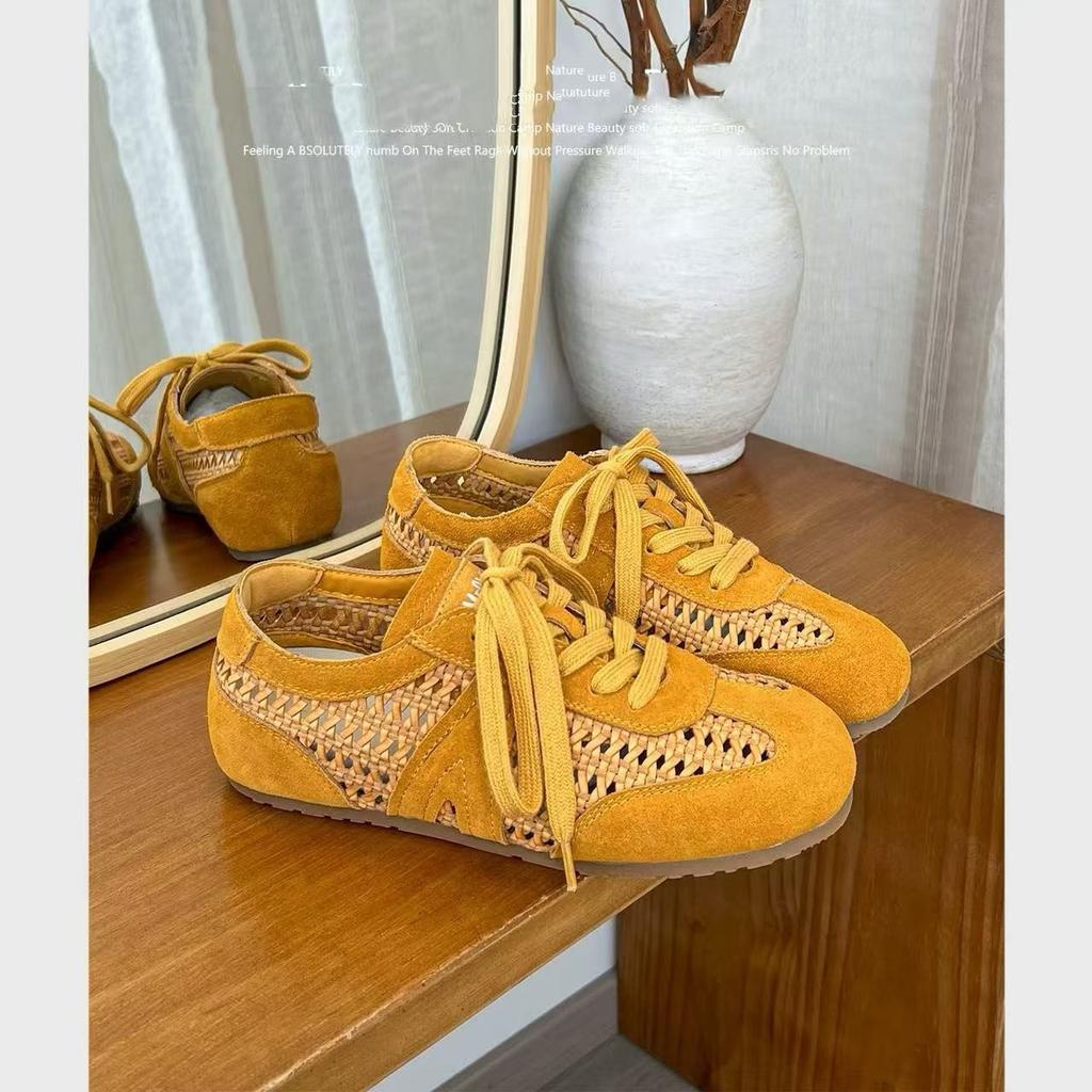 Retro hollow woven flat-bottomed German training shoes 2025 summer new mesh breathable sports and leisure lace-up Forrest Gump shoes