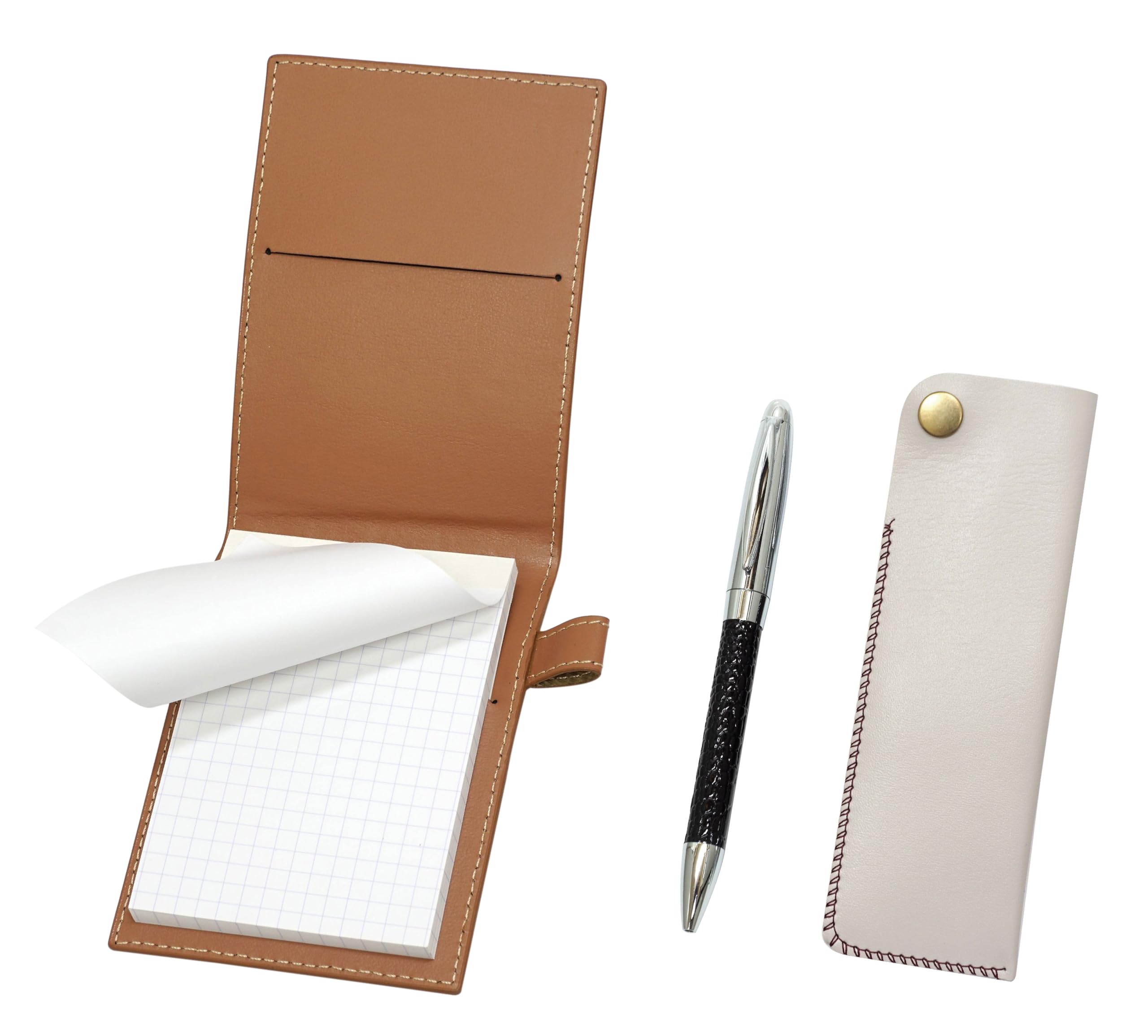 

Recycled cowhide mini notebook cover in with a white pen case and a black rotating ballpoint pen set mocha, snap-closure leather-wrapped чёрный