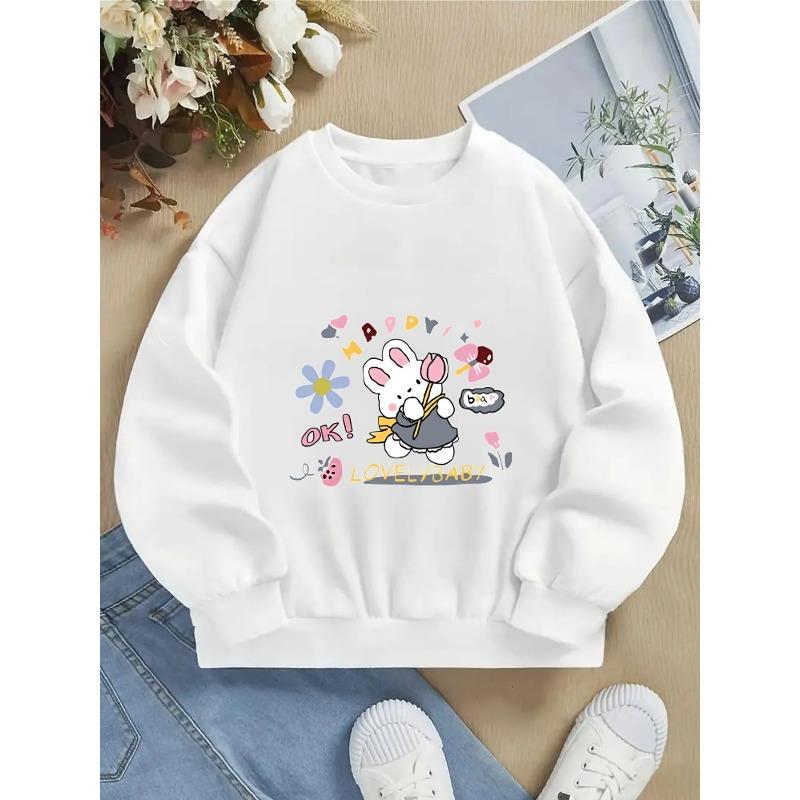 Crewneck Sweatshirt for Girls Featuring an Adorable Rabbit with a Flower, Suitable for Machine Washing. Perfect for Spring And Autumn