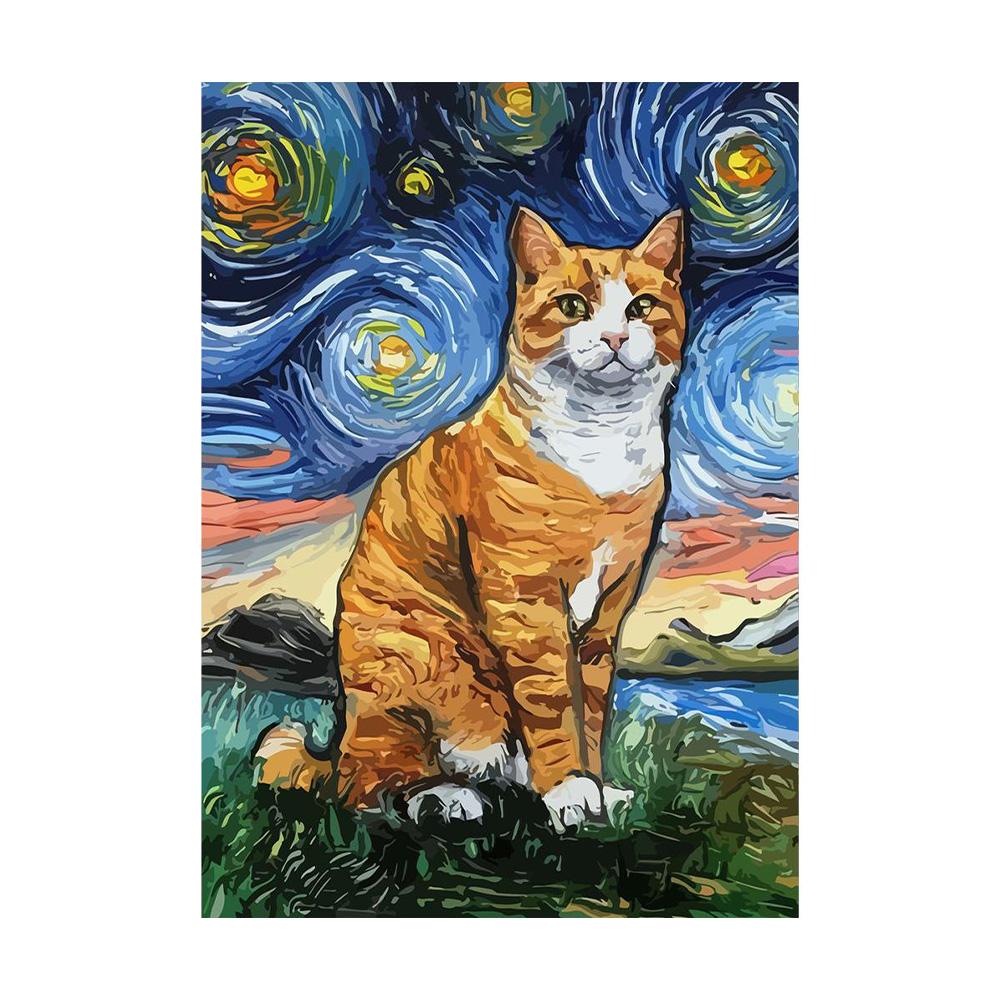

Abstract Van Gogh Starry Night Cat Poster Print Canvas Painting Cute Animal Wall Art For Living Room Home Decoration Cuadros 20x30cm