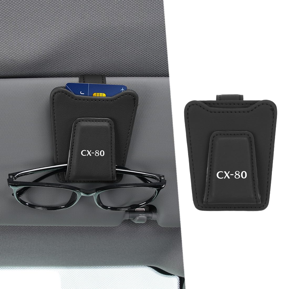 Compatible Car Glasses Slim Sunglasses Car Ticket Easy Magnetic Eyeglass Leather Sun Visor with CX-80 Holder, Holder, One-Handed Operation,