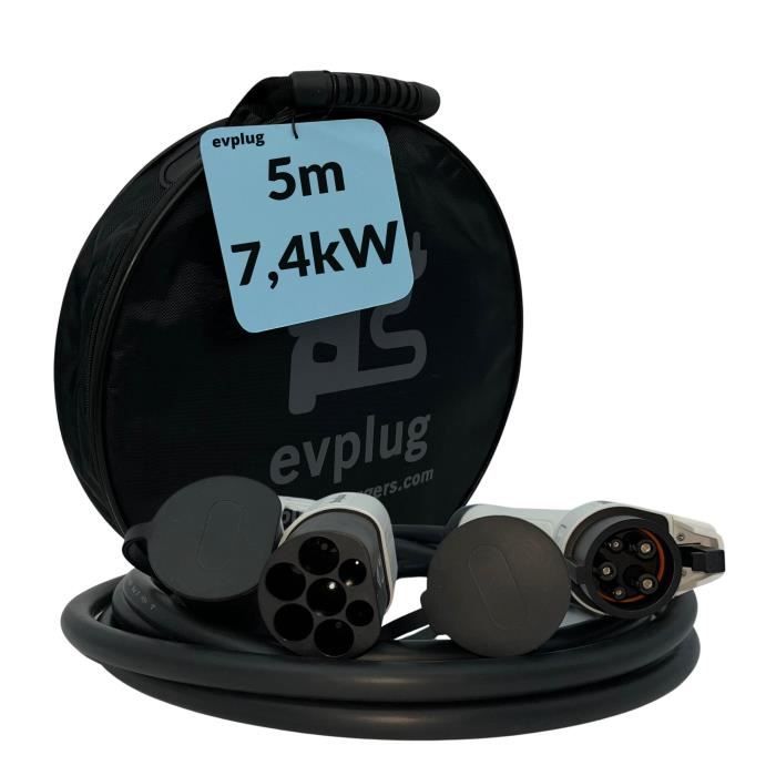 Câble de recharge - Evplug - Type 2 - Type 1 - 5m - 7,4kW - 32A