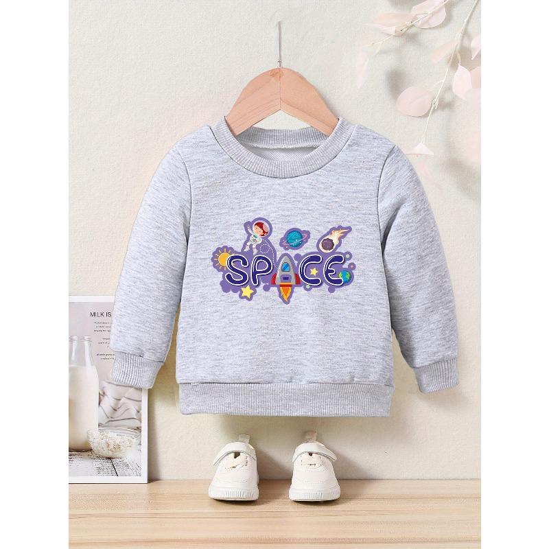 Cartoon Space Print Crew Neck Sweatshirt - Fabric Casual Active Pullover for Children - Regular Fit Applique Alphabet Pattern