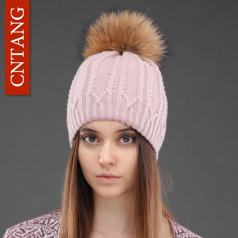 Women Double Deck Knitted Wool Hat Winter Natural Raccoon Fur Warm Caps Female Pom Pom Hats Ladies Fashion Skullies Beanies Cap