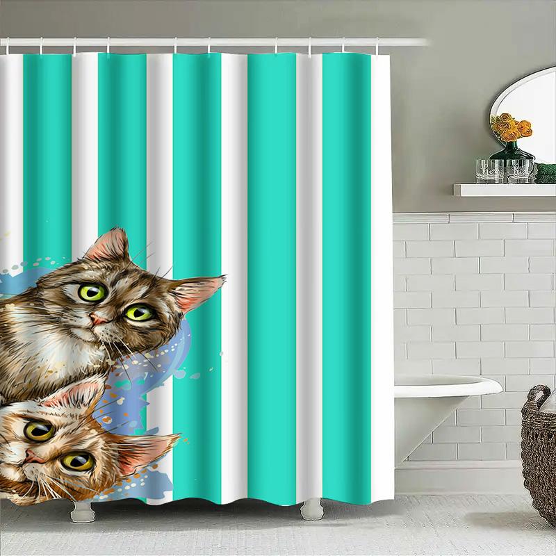 Green Striped Shower Curtain With Feline Print For Bathroom Decor Waterproof Fabric Diy Home Improvement Ideas #21370458698-Alie