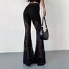 Ladies black lace sexy flared pants mesh babes transparent trousers hls trousers
