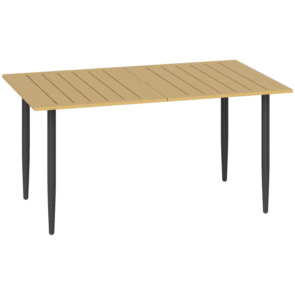 Garden Dining Table, 150 X 90 Cm Rectangle Outdoor Table with 5 Cm Parasol Hole, Slatted Tabletop and Steel Frame for Patio Balcony