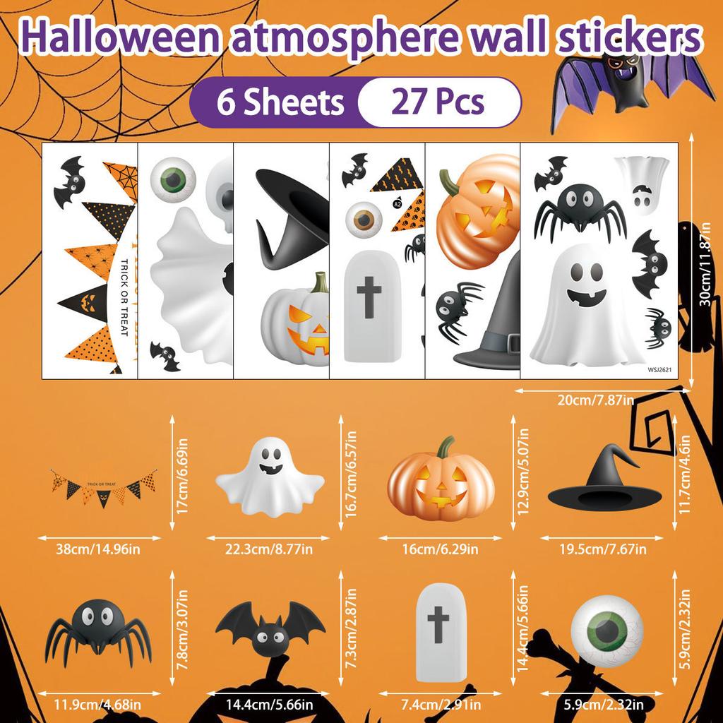 Q Version Cute Ghost Theme Window Stickers PVC Static Cling Halloween Decor for Home Living Room Party Decoration