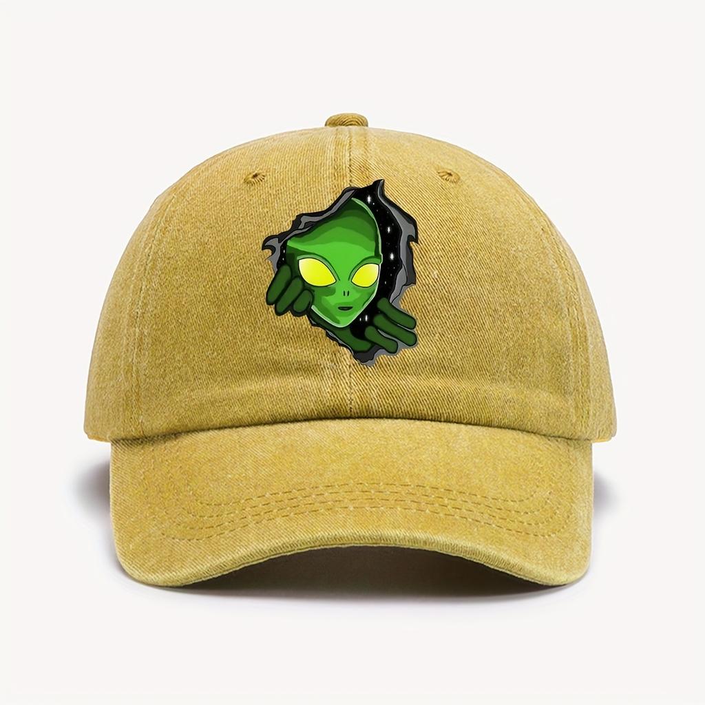 1 Piece Green Vintage Washed Baseball Cap Alien Print Sun Hat Adjustable For Halloween and Outdoor Fashion Headwear