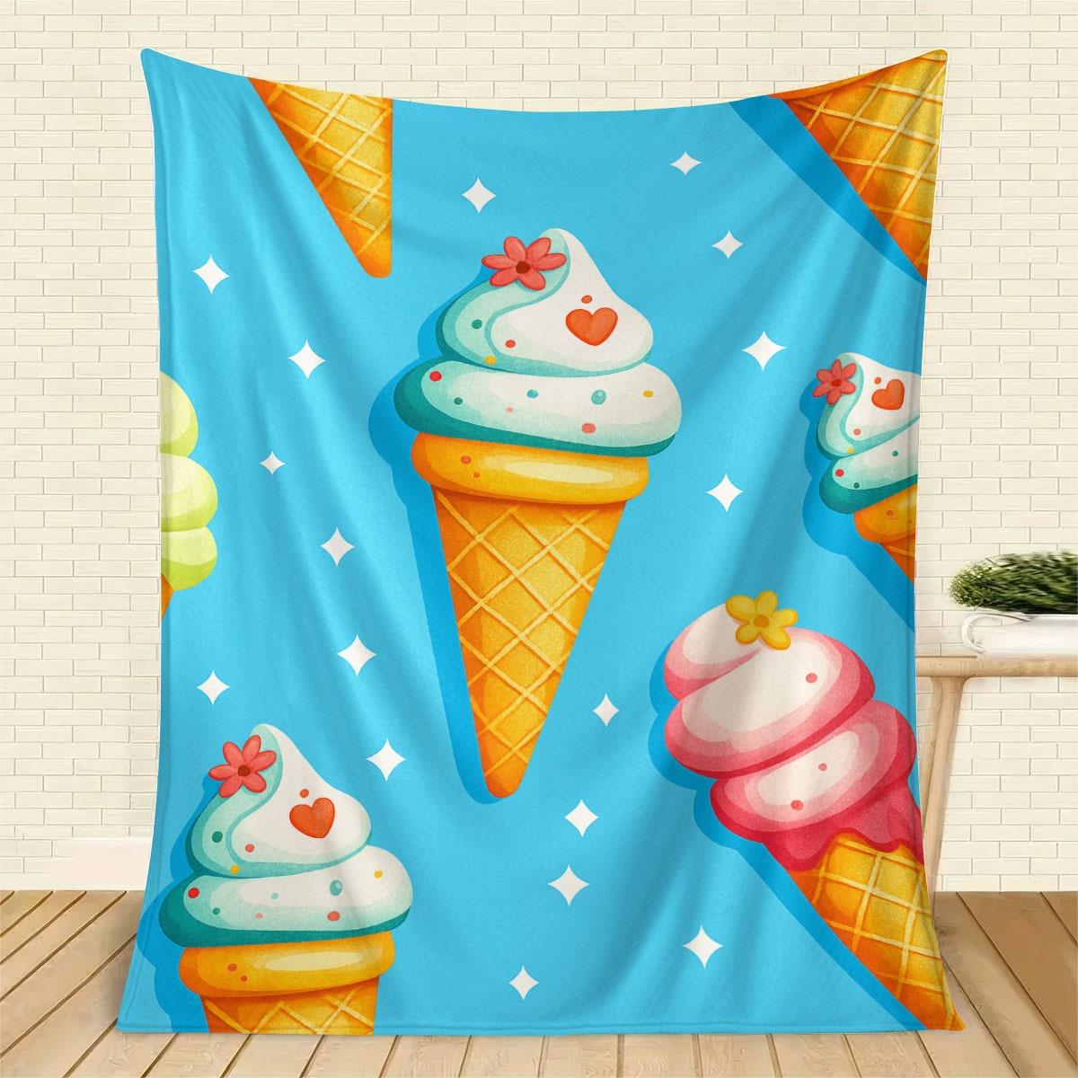 

Fun ice cream and star design Flannel printed blanket suitable for all seasons suitable for living room office sofa and travel 75x90cm
