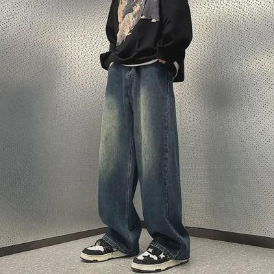 Men's Retro Blue Distressed Loose-Fit Wide-Leg Jeans