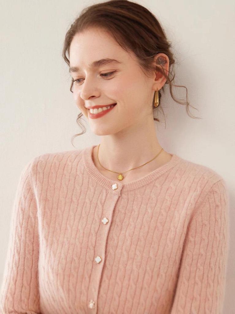 Women's Cashmere Cable Knit Round Neck Cardigan - Autumn/Winter Fashion Versatile Style.