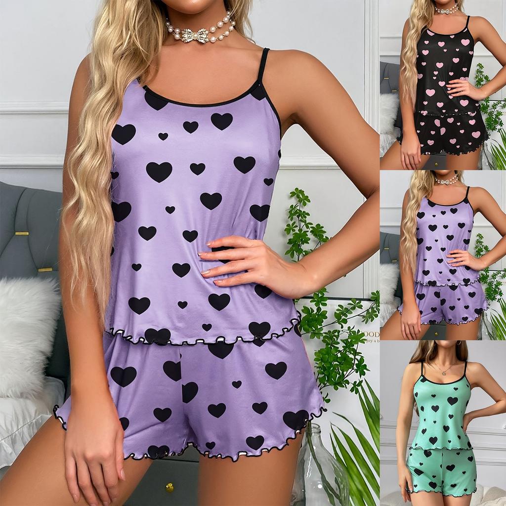 Ladies' Sleepwear, Sexy Suspender, Wavy Edge Shorts, Thin Sleepwear, Casual Home Wear, Heart Set