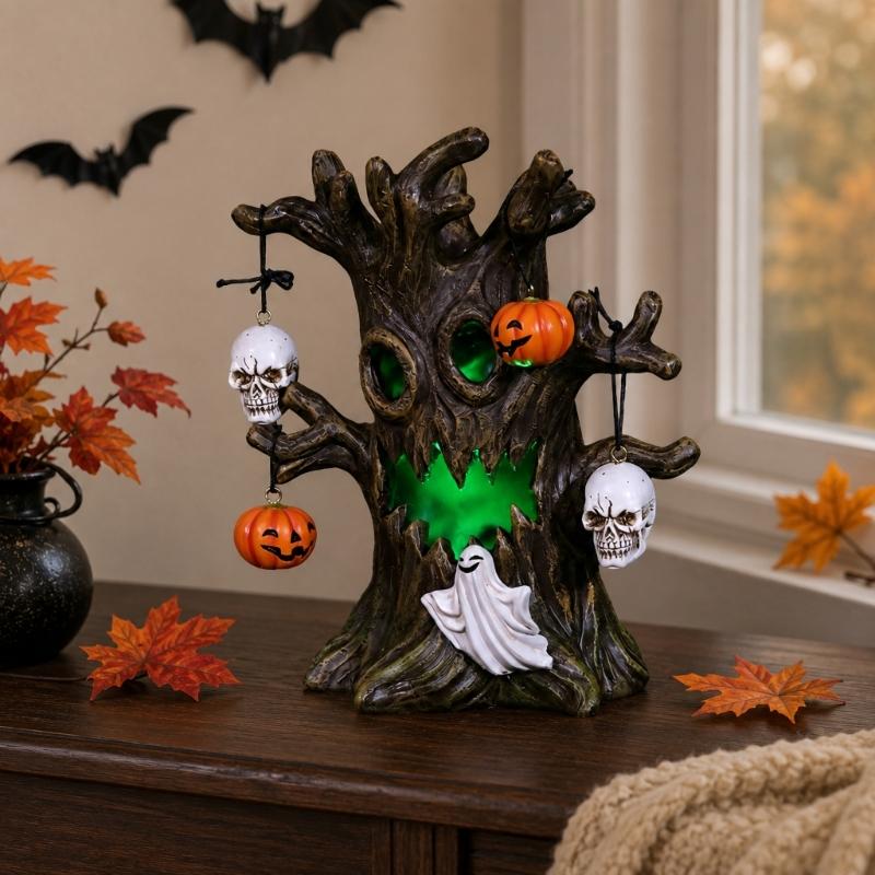 Open Center Halloween Resin Figure with Interior Light, Freestanding Piece for Shelf Table Home and Office Holiday Use in Seasonal Styling