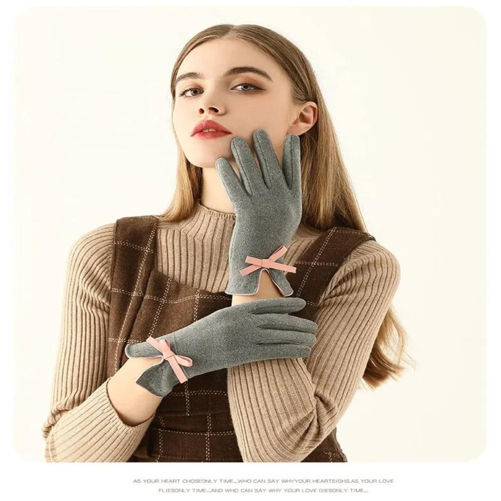 Bow Decoration Full Finger Mittens Fleece Winter Gloves Warm Women Gloves  Women