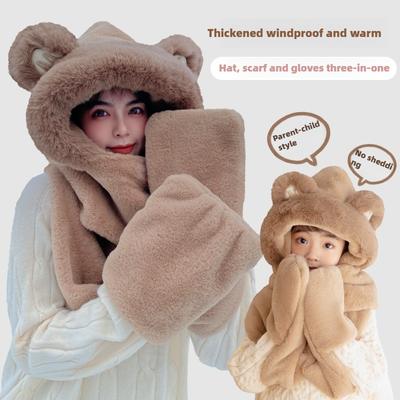 Autumn and Winter Bear Hat Scarf Integrated Women's Thermal Gloves Three-piece Set Cute Hooded Ear Hat Plush Hat