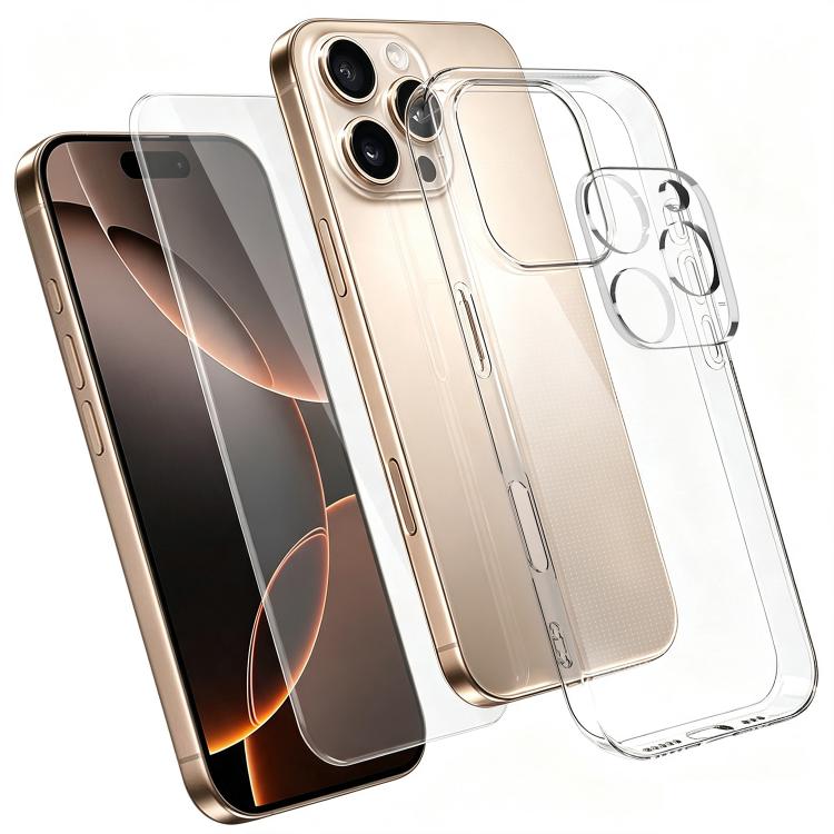 3‑in‑1 Set Clear TPU Phone Case + High Alumina Tempered Glass Screen & Lens Protector For iPhone