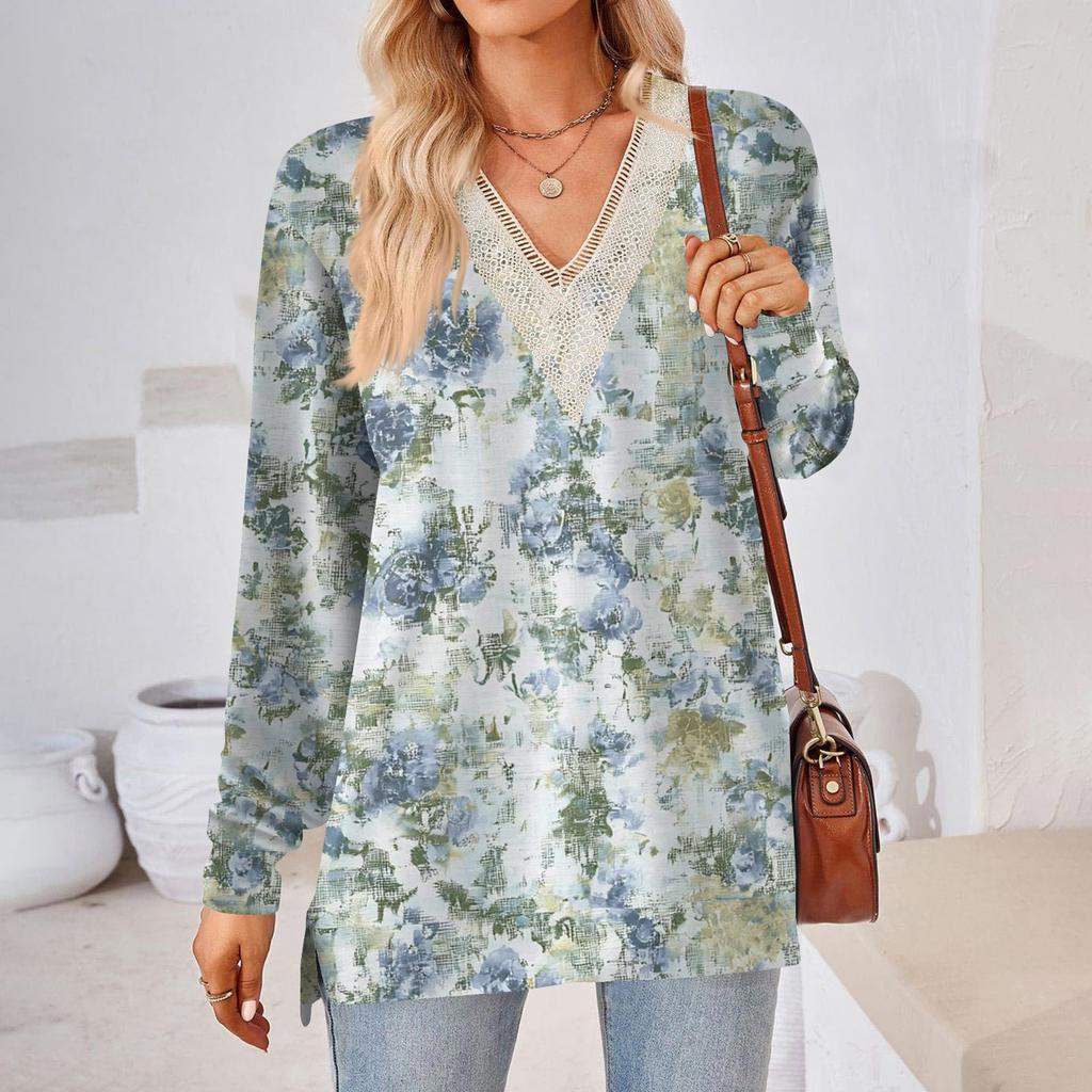 Womens Tops Loose V-neck Contrast Color Split Loose Long Sleeve T-shirt Women's Tops