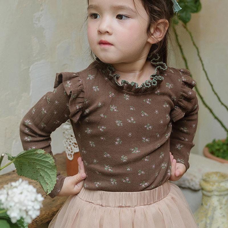 2025 Spring Strawberry Korean Toddler Girls' Puff Sleeve Lace Collar Floral Top